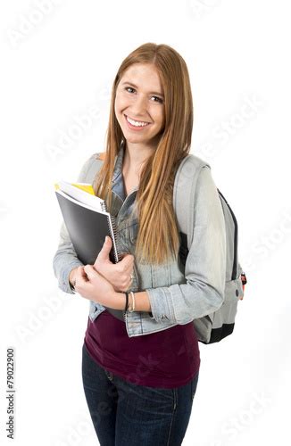 Cute Happy College Student Girl Carrying Books Backpack Stock Photo