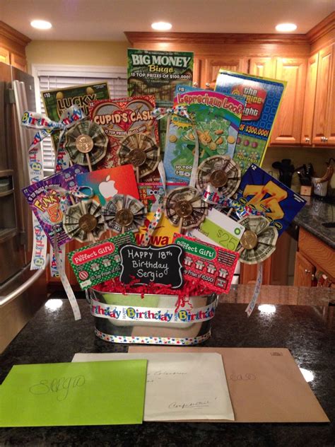 Where can you use my gift card? Money gift basket ! Lottery tickets, money and gift cards! My son loved it! | Themed gift ...