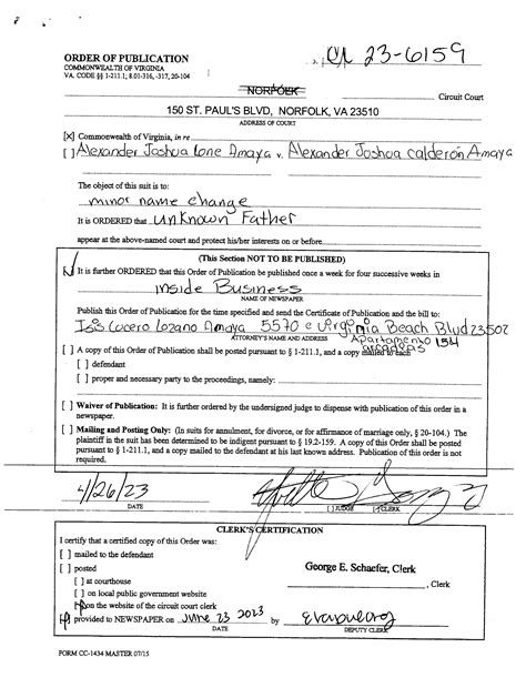 CL23-6159 ORDER OF PUBLICATION by Norfolk Circuit Court Clerk's Office