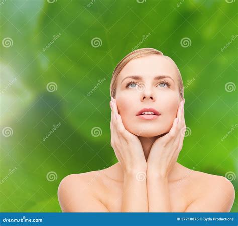 Beautiful Woman Touching Her Face And Looking Up Stock Image Image Of People Care 37710875