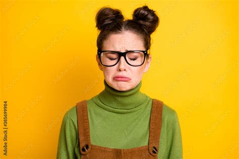 Closeup Photo Of Attractive Sad Lady Two Funny Buns Geek Nerd A Student