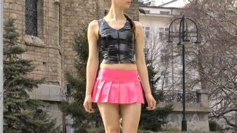 Blonde cutie in a latex skirt nylons and boots.mpg. Girl in pink short pvc school Skirt - YouTube