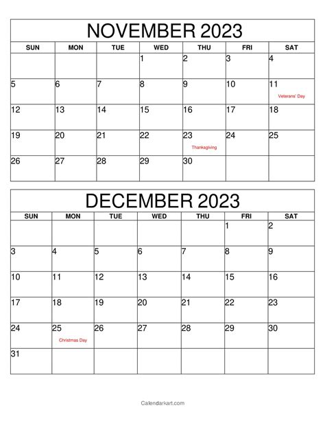 Printable November December 2023 Calendar 6th Bi Monthly Calendarkart