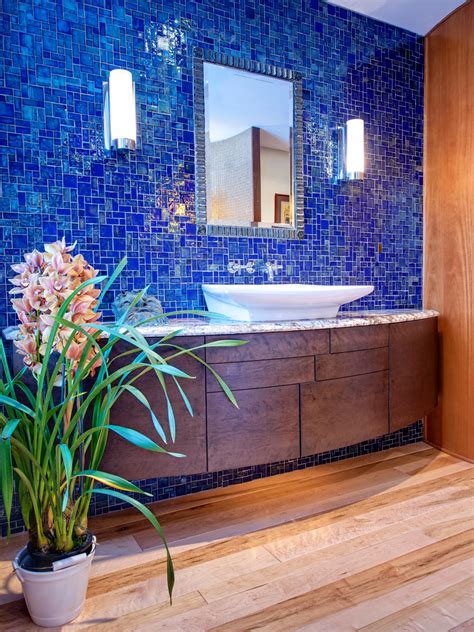 Glossy blue and blue stone random brick cubes pattern glass mosaic tiles for bathroom and kitchen walls kitchen backsplashes. Yellow Bathroom Decor Ideas: Pictures & Tips From HGTV ...