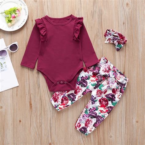 3 Piece Baby Solid Ruffled Bodysuit And Floral Pants With Headband Set