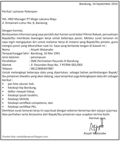 Atas perhatian bapak, saya mengucapkan terima kasih. Mengidentifikasi Unsur Kebahasaan Surat Lamaran Pekerjaan ...