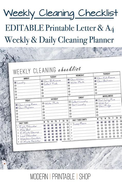 Weekly Cleaning Checklist Editable Printable Letter And A4 Etsy In 2020