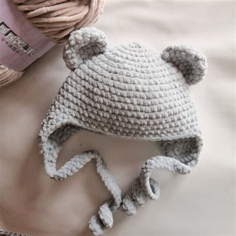 Cute Crochet Gray Baby Hat Bear Ears Handmade Knitted Fabric Etsy