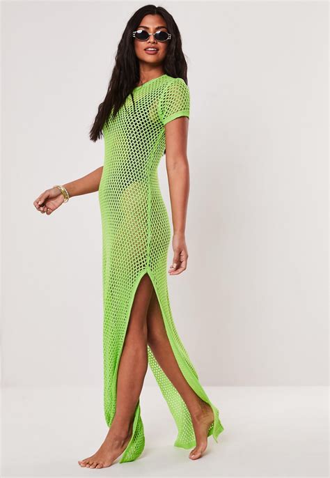 Green Knitted Fishnet Side Split Maxi T Shirt Dress Missguided In