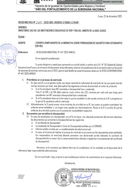 Oficio MÚltiple N°289 2022 Grc Geredu Cdugel Cdagp Ugel Cusco