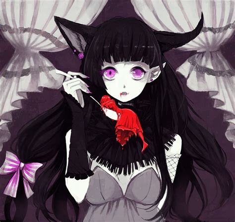 Anime Girl With Black Hair Purple Eyes Cat Ears Horns Bow Black