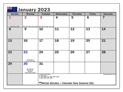 January 2023 Printable Calendar “new Zealand Ss” Michel Zbinden Nz
