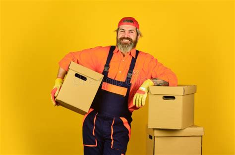 Bearded Man Courier Hold Boxes Moving To New Apartment Post Service