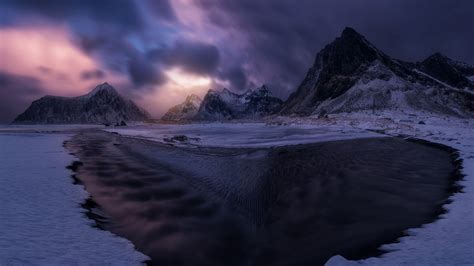 Nature Landscape Winter Beach Mountains Clouds Snow Lofoten