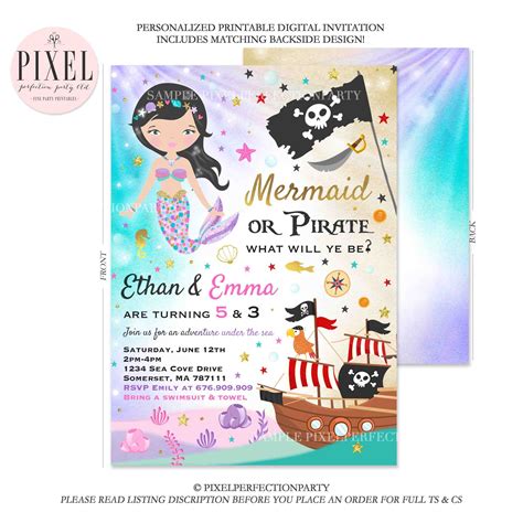 Mermaid And Pirate Birthday Invitation Sibling Mermaid And Etsy In 2021