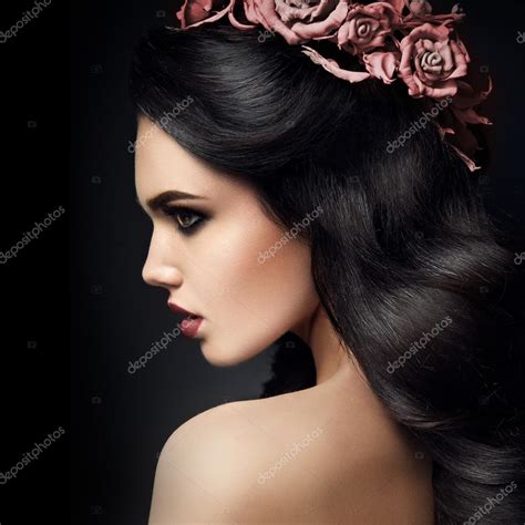 Beauty Fashion Model Girl Portrait With Pink Roses Hairstyle Red Lips