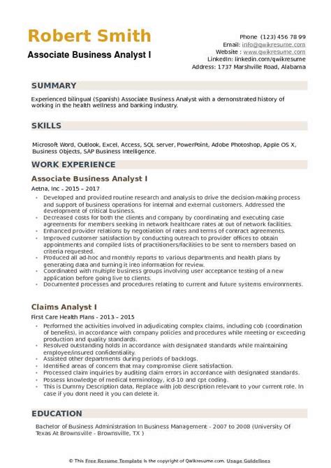 The resume objectives statements are a short summary of your profile and your career goals and it is what employers are looking for. Associate Business Analyst Resume Samples | QwikResume