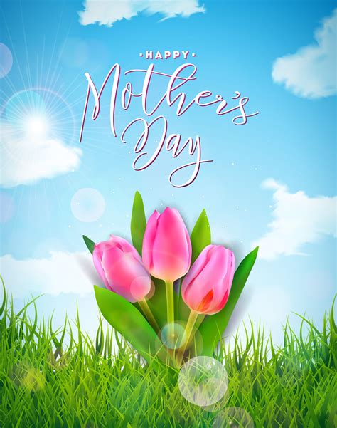 Happy Mothers Day Greeting Card With Tulip Flower Green Grass And Cloud On Spring Landscape