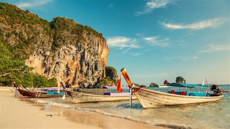 Boats On Railay Beach Thailand Backiee