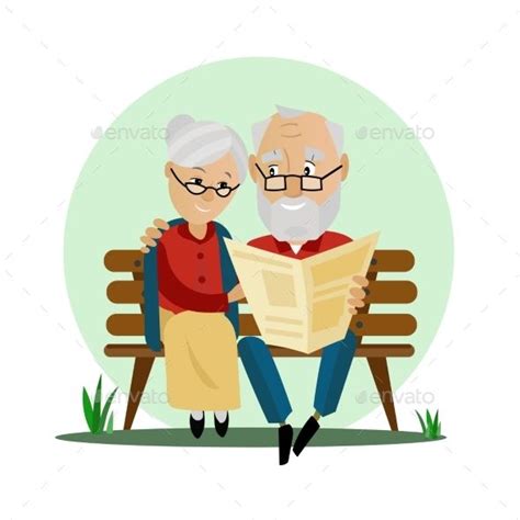 Old Couple Sitting On A Bench In The Park Cartoon Character Design