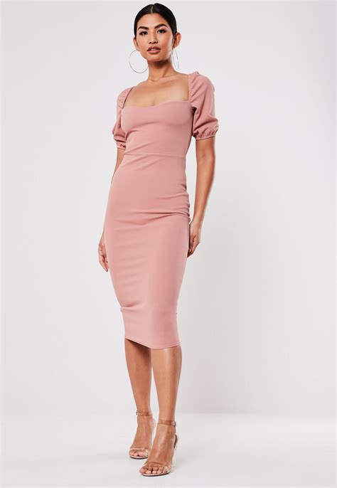 Rose Puff Sleeve Sweetheart Neck Midi Dress Missguided