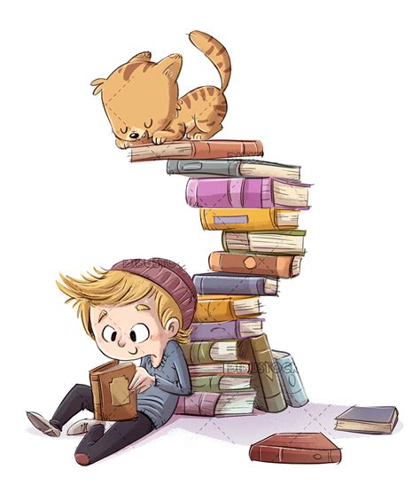 Niño Leyendo Un Libro Con Gato Encima De Muchos Libros Ilustraciones