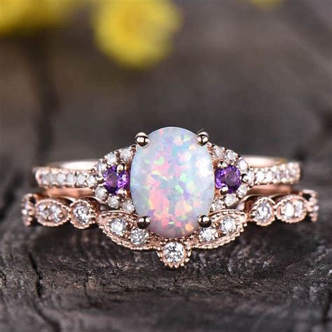 Oval Opal Diamond Engagement Ring Rose Gold Art Deco Amethyst Ring Opal Engagement Ring Rose