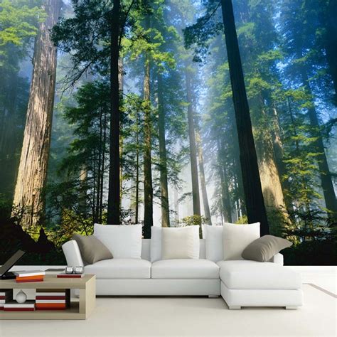 Custom 3d Wall Murals Wallpaper Fog Towering Trees Forest