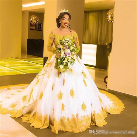 Discount African Plus Size Wedding Dresses Off The Shoulder Gold