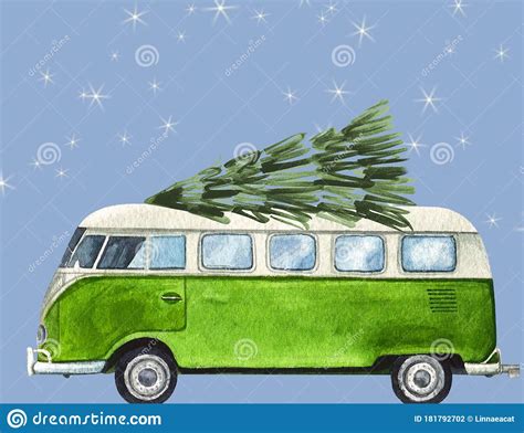 Watercolor Vintage Vw Bus With A Christmas Tree On Top Stock