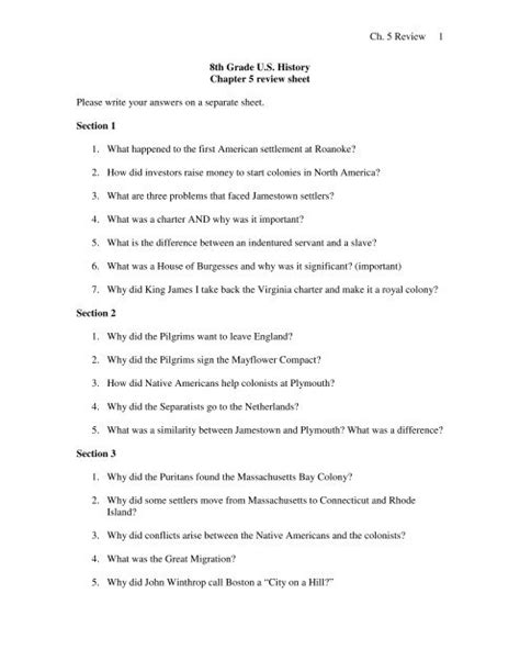 Ch 5 Review 1 8th Grade Us History Chapter 5 Review Sheet Please