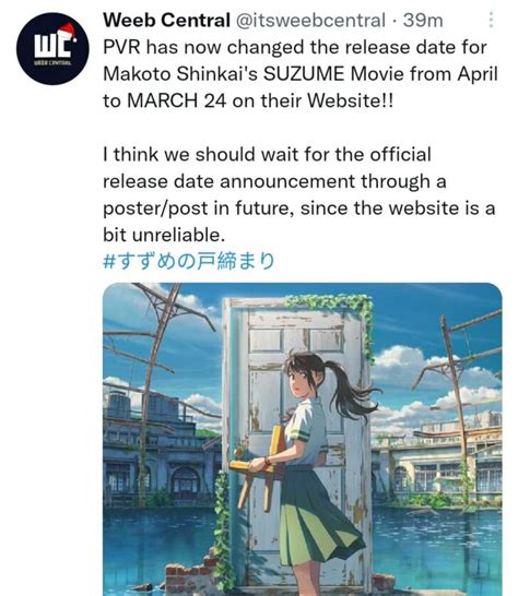 Release Date Of Suzume No Tojimari In India Announced By Pvr Cinemas