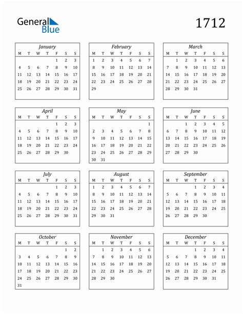 1712 Blank Yearly Calendar Printable