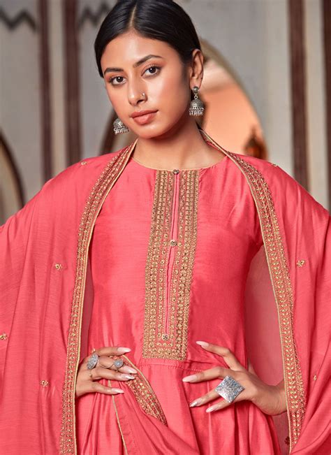 Buy Embroidered Cotton Silk Designer Palazzo Salwar Kameez In Rose Pink