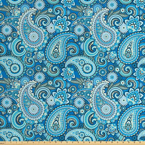 Blue Paisley Fabric By The Yard Folk Ornament Flower Like Elements