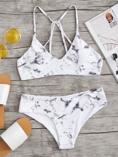 Criss Cross Top With Marble Print Bikini Setfor Women Romwe Printed