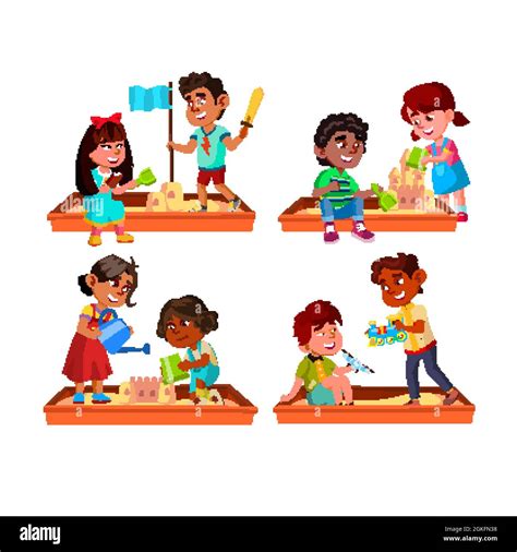 Boy And Girl Kids Playing In Sandbox Set Vector Stock Vector Image