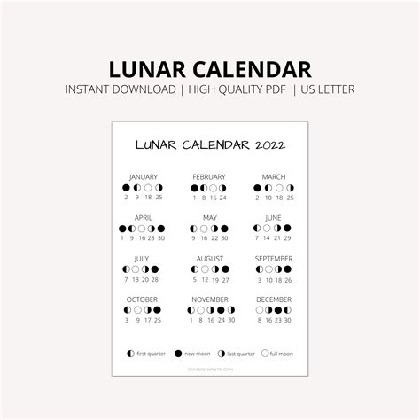 Lunar Calendar 2022 Printable Lunar Calendar Moon Phases Planner