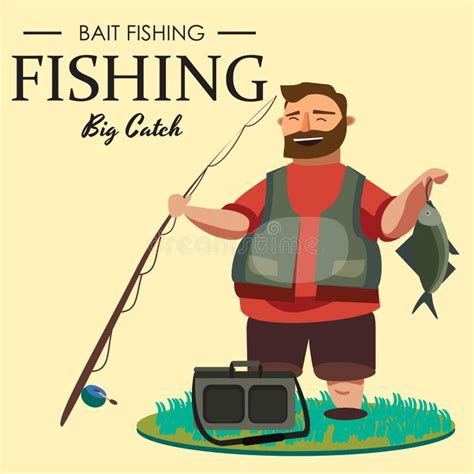 Happy Fisherman Stands And Holds In Hand Fishing Rod With Spinning And