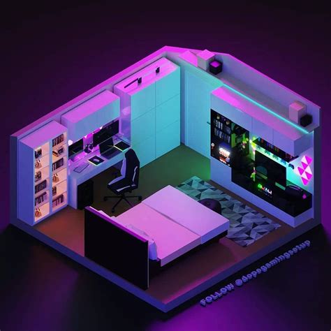 A Computer Desk Sitting In The Middle Of A Room With Purple Lighting On