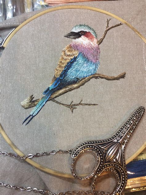 Finished Hand Embroidery Thread Painting Of A Lilac Breasted