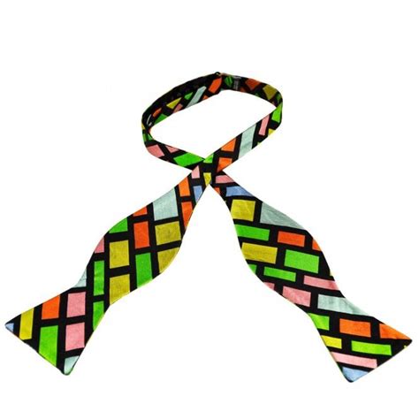 Black Green Grey Yellow Pink And Orange Patterned Silk Self Tie Bow