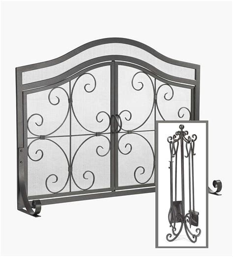 Plow And Hearth Small Crest Fireplace Screen With Doors And Tool Set Free