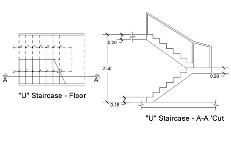 U Staircase Floor And Section Drawing Free Dwg File Cadbull