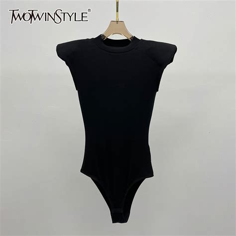 Twotwinstyle Sexy Black Playsuit For Women O Neck Sleeveless High Waist