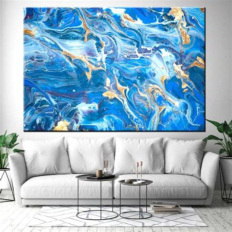 Dark Blue And Gold Abstract Ocean Wall Art Marbling Art Etsy Ocean