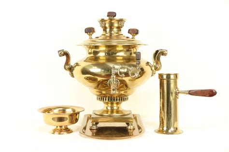 Russian Antique Brass Samovar Tea Kettle Tray And Bowl