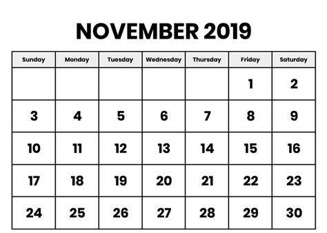 ️blank November 2019 Printable Calendar With Holidays Pdfwordexcel