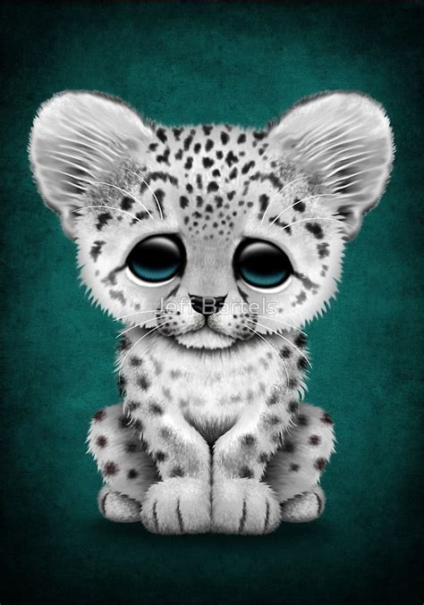 Cute Baby Snow Leopard Cub On Teal Blue By Jeff Bartels Redbubble