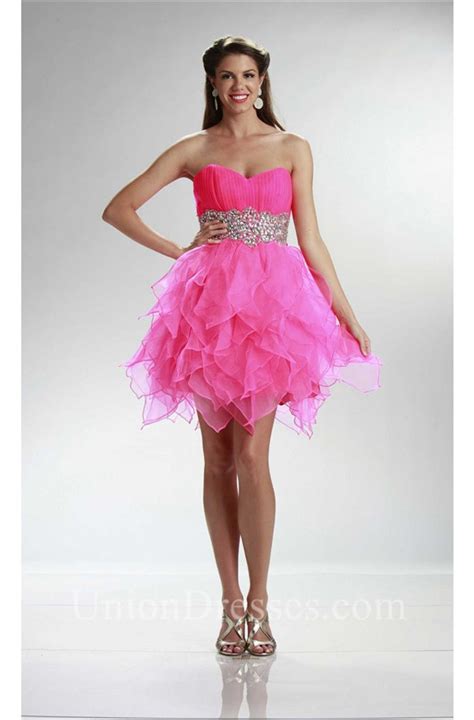 Puffy Strapless Short Hot Pink Organza Ruffle Cocktail Prom Dress